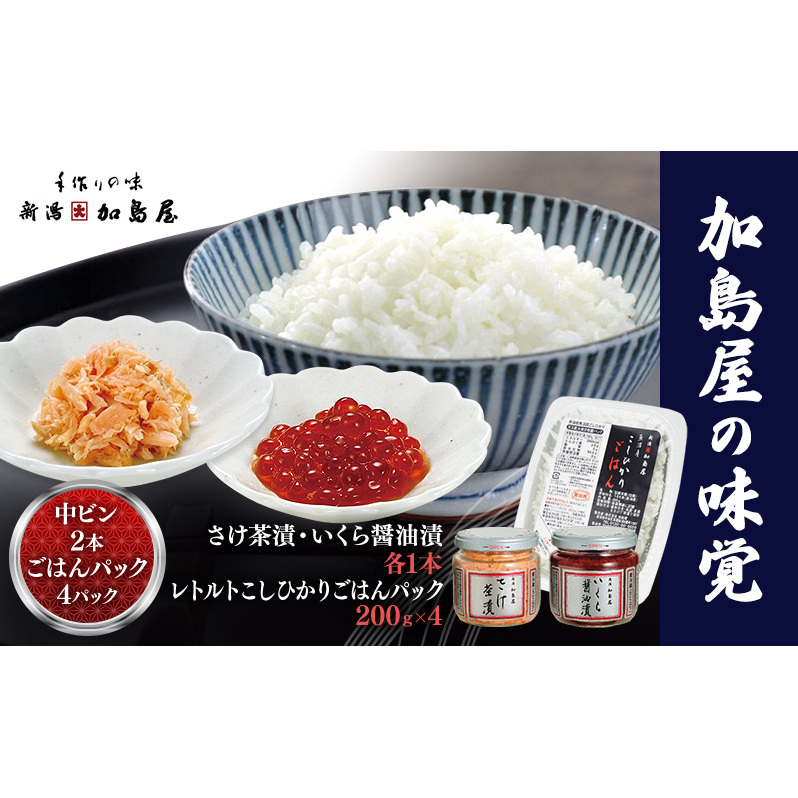 加島屋 中ビン2本・こしひかりごはんパック  鮭 イクラ おつまみ お茶漬け ごはんのお供 フレーク 瓶詰 新潟市