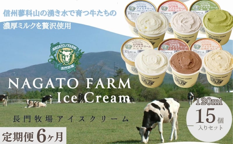 
                  【定期便】6ヵ月連続でお届け！長門牧場アイスクリーム15個セット　6種のフレーバー詰め合わせ（バニラ、チョコレート、抹茶、ヨーグルト、いちご、あんず）　人気スイーツ　濃厚ミルク　直送　牛乳　生乳　国産　夏ギフト　長野県　贈答品　お土産　お中元　お歳暮　クリスマス
                