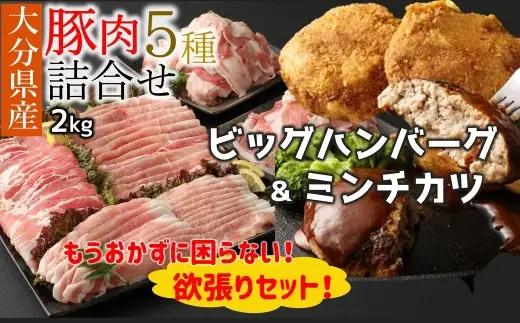 大分県産 豚詰合せ５種類（約2kg）＆ビッグハンバーグ（5個）＆ミンチカツ（10個）セット〔合計約3.9kg〕