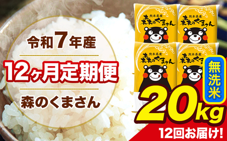 米 令和7年産 森のくまさん 無洗米 20kg 5kg×4袋 計12回お届け 《お申込み翌月から出荷》 お米 こめ 熊本県産 ご飯 備蓄