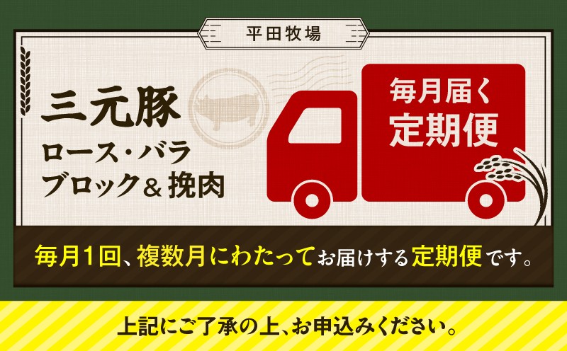 【全12回 毎月定期便】日本の米育ち平田牧場三元豚バラブロック 600g・豚ロースブロック 600g・豚挽肉 300g　T036-T14-03