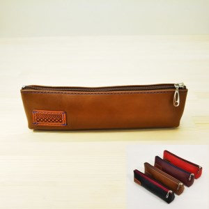 「三嶋柄入り」ハンドメイド牛革ペンケース（箱入り）＜モカ＞ コンパクト 筆箱 薄型 ポーチ かわいい おしゃれ レディース メンズ シンプル 贈り物 ギフト プレゼント