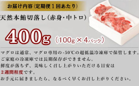 【定期便 / ３ヶ月連続】 天然本マグロ (赤身・中とろ) 切り落とし 合計１．２㎏  (100g×4パック×３回) マグロ 刺身 刺し身 魚 惣菜 海鮮丼 魚介類 食べきりサイズ 小分け 冷凍 訳あ