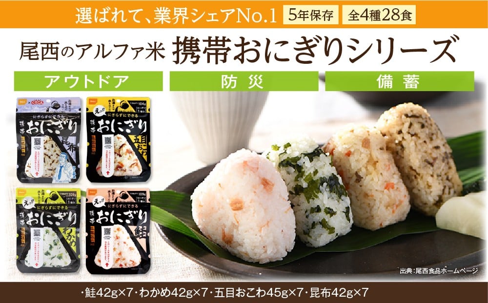 
            備えて安心、食べて満足｜尾西の携帯おにぎり【28個入り】（非常食・保存食・キャンプにも）
          