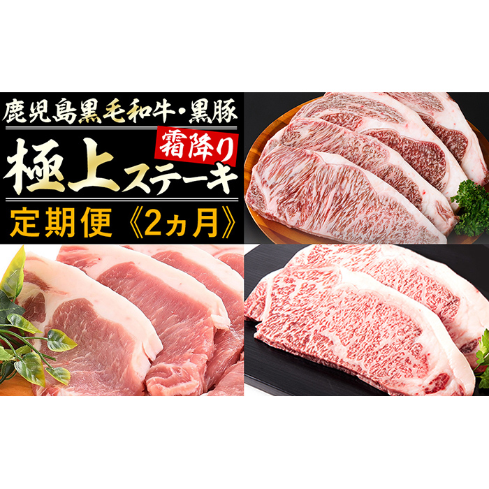 《定期便・全2回》鹿児島県産 黒毛和牛&黒豚 極上ステーキ定期便＜計12枚・2.1kg＞ 肩ロースしゃぶしゃぶと大根ぽんず付き! t0057-003