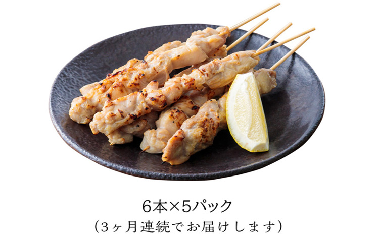 【定期便3ヶ月】九州産若鶏の串焼き 30本セット(5本×6パック)を3回お届け 冷蔵 [おつまみ レンチン 焼鳥 焼き鳥 やきとり おつまみ もも 能勢どん] TF0473-P00016