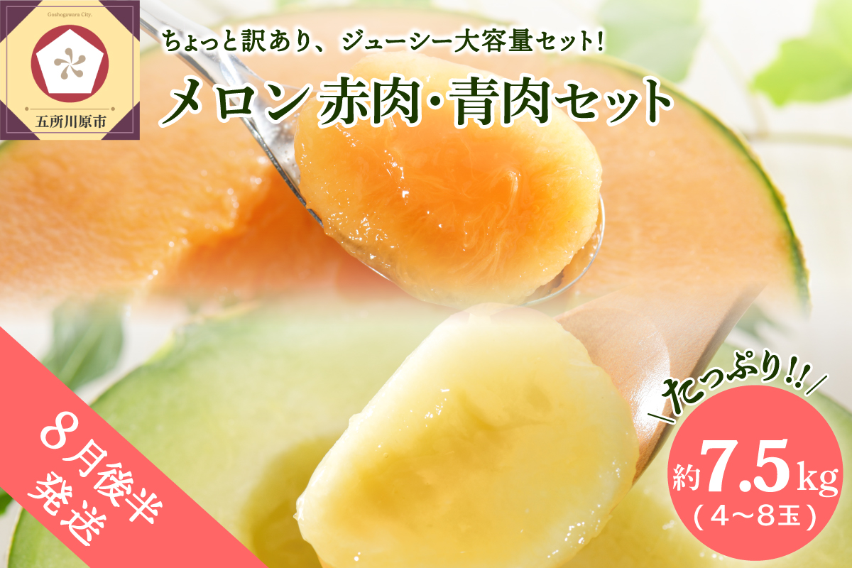 【2026年8月後半発送】【訳あり】 メロン 赤肉・青肉セット 7.5kg程度(4～8玉) 青森県産
