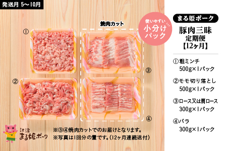 【定期便12ヶ月】まる姫ポーク 豚肉三昧約1.6kg 計約19.2kg｜豚肉 肉 豚バラ肉 バラ肉 挽肉 ミンチ 切り落とし 焼き肉 しゃぶしゃぶ 国産 定期便 小分け パック AK-7