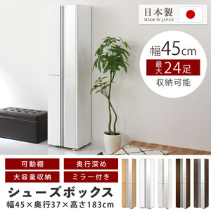 ［完成品＋設置付き］シューズボックス ミラー付き 幅45cm［鏡が右側タイプ］（ウォールナット）シューズラック 扉付き スリム 12段 靴箱 大容量 木製 シューズボックス 縦長 靴収納棚 下駄箱 ブ
