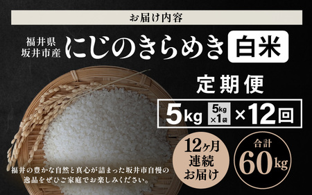 【先行予約】【令和8年産・新米】 定期便 ≪12ヶ月連続お届け≫ 坂井市産 にじのきらめき 白米 5kg×12回 計60kg (田中農園) 【2026年10月以降順次発送予定】 【米 こめ お米 精米