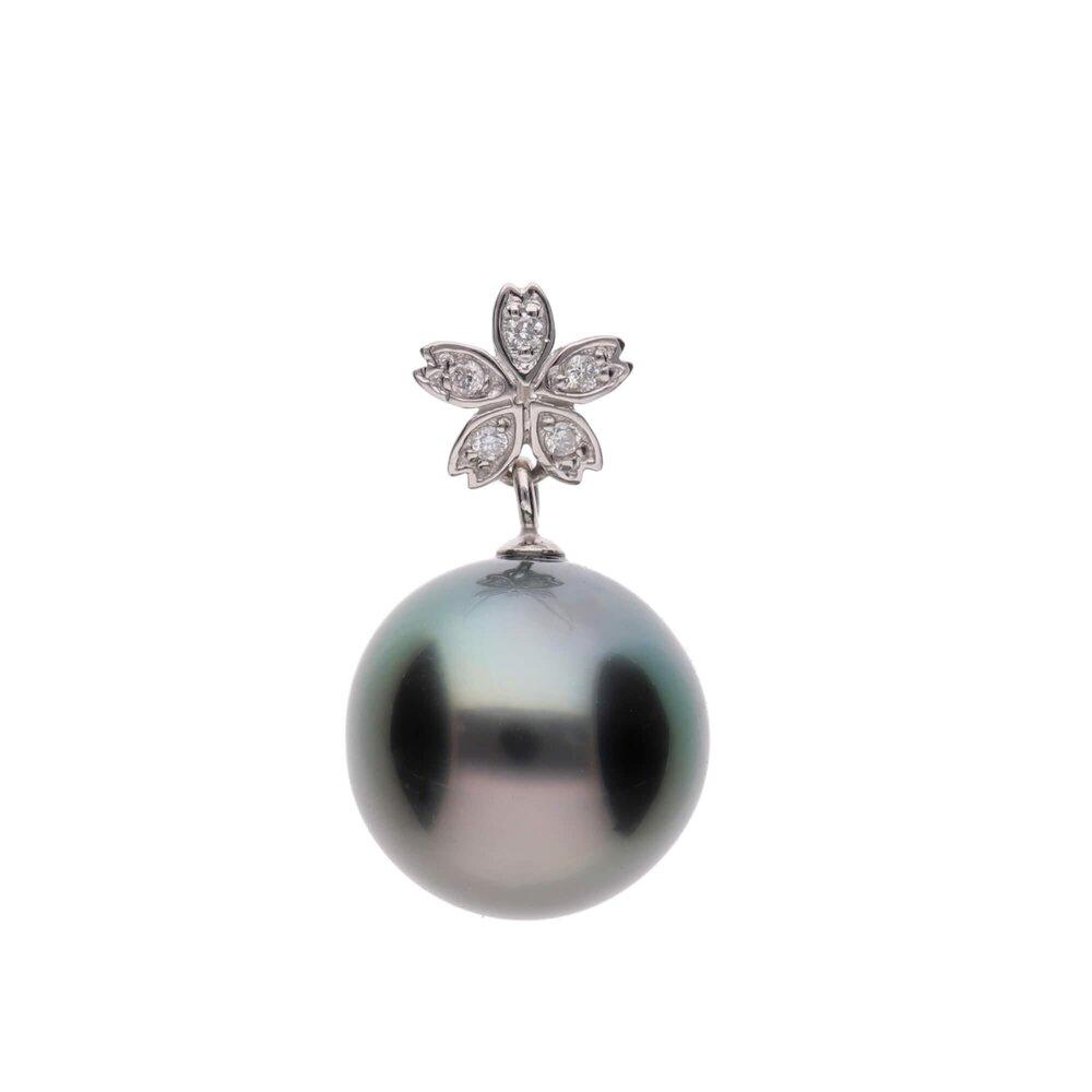 【星桜】ブラックパール（タヒチ 黒蝶真珠） 10mm セミラウンド ダイヤモンド Pt900 プラチナ ペンダントトップ