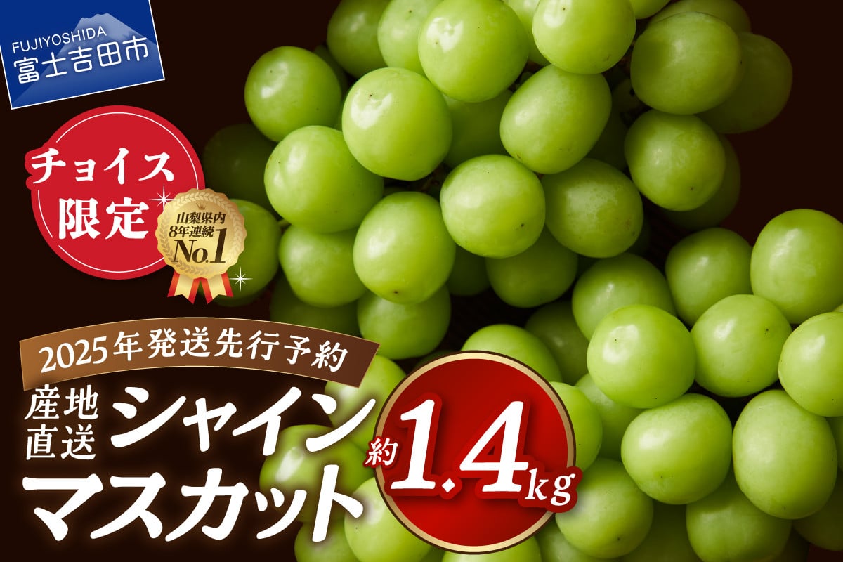 
            【 チョイス限定 】【2025年先行予約】高級 山梨県産 シャインマスカット 2～3房 （約1.4kg）　果物 旬 先行予約 フルーツ 高級 2025年発送 シャイン ぶどう 山梨 富士吉田
          