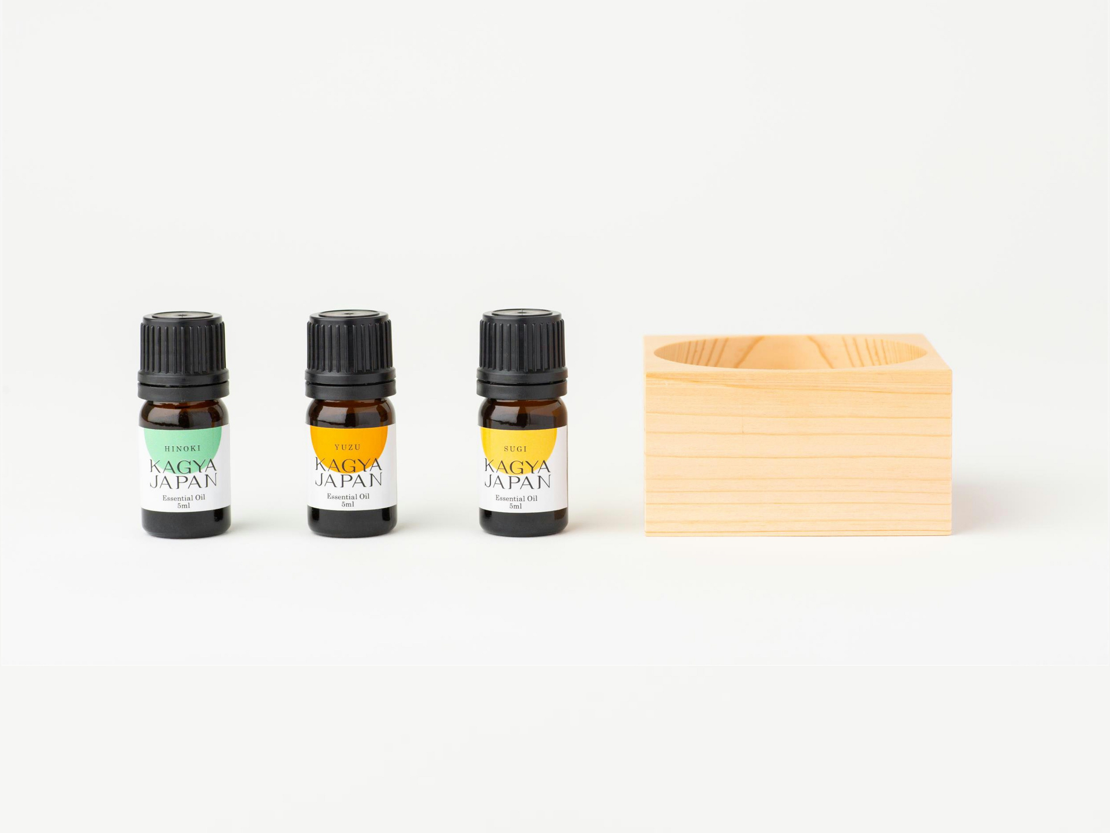 
75-2 KAGYA JAPAN　エッセンシャルオイル5ml　【SUGI】【HINOKI】【YUZU】3本セット＆KAGYAオリジナル ヒノキのディフューザー
