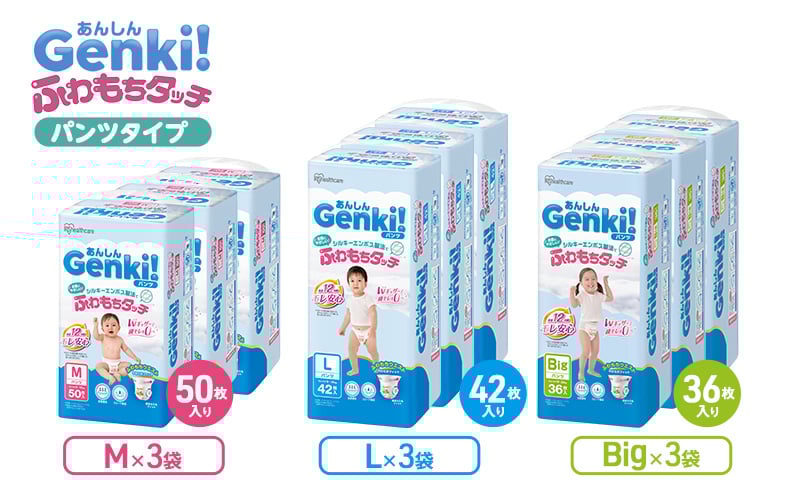 
            あんしんGenki！ふわもちタッチ パンツタイプ おむつ オムツ 紙おむつ M L BIG 3袋 赤ちゃん ベビー用品 御祝い お祝い 出産祝い 日用消耗品[№5812-0666]
          
