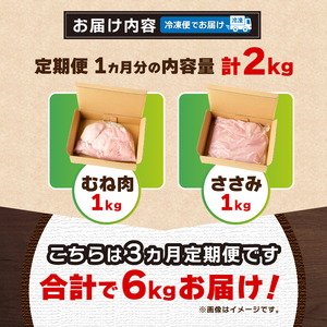 ＼＼3ヶ月定期便／／山梨県産＜健味鶏＞むね肉、ささみ セット（計2kg×3ヶ月）