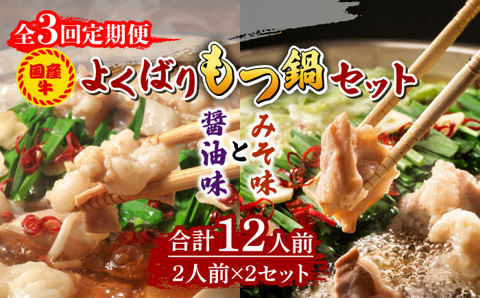 
【全3回定期便】国産牛 よくばりもつ鍋 セット 醤油味2人前&みそ味2人前（計4人前）〆はマルゴめん 福岡県産の米粉麺《築上町》【株式会社マル五】 [ABCJ138] 34000円
