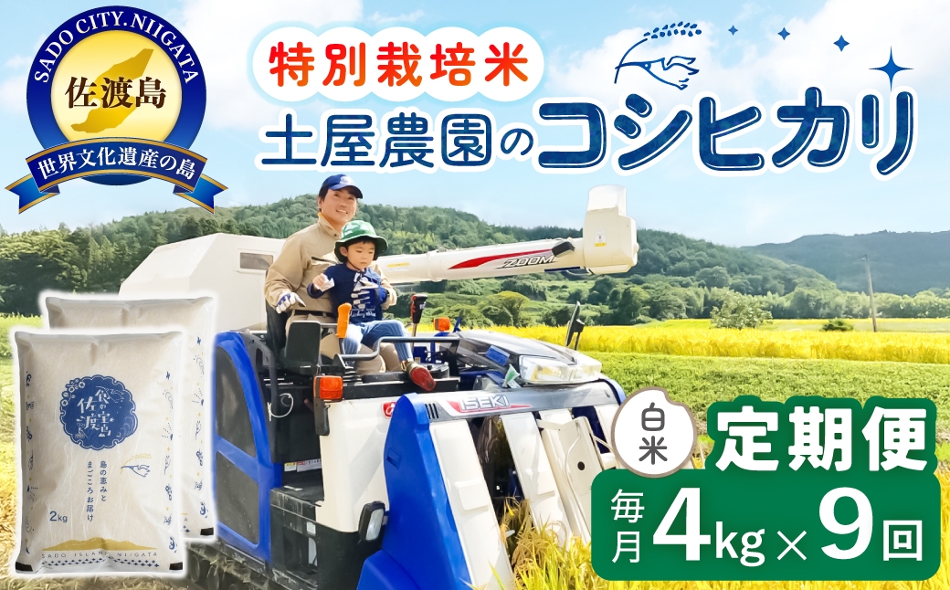 
                  【定期便 令和8年産新米 9か月】 佐渡島産コシヒカリ 白米 4Kg(2kg×2袋） 令和8年産新米 特別栽培米 土屋農園 | 新潟県産コシヒカリ 新潟産コシヒカリ 佐渡産コシヒカリ 新潟県産こしひかり 佐渡産こしひかり お米 米 こしひかり 白米 精米 おこめ コメ 4キロ にいがた さど 新潟県 佐渡市
                