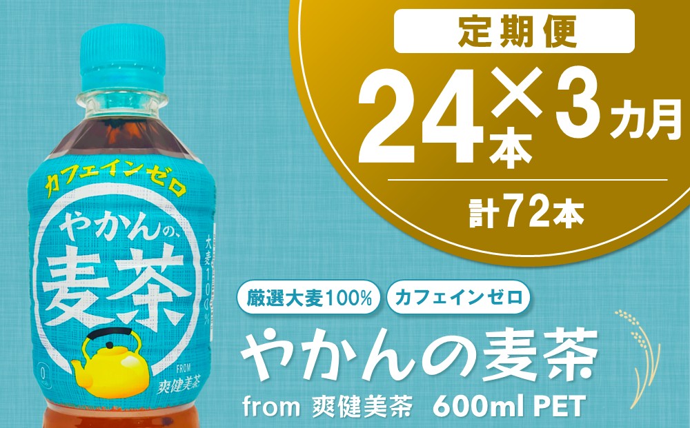 【3か月定期便】やかんの麦茶 from 爽健美茶 600mlPET(24本)【麦茶 焙煎 夏バテ予防 熱中症対策 カフェインゼロ ミネラル 600ml ペットボトル ペット 常備 備蓄 スッキリ イベ