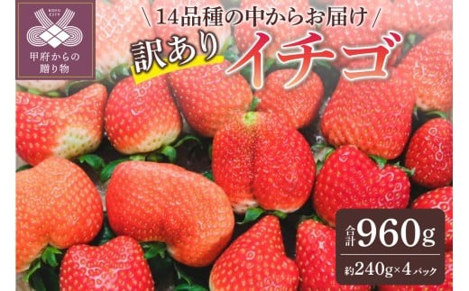 【2025-2026発送分】お得 訳ありイチゴ 960g 訳あり いちご イチゴ 苺 セット ギフト 贈答 採れたて フルーツ 約240g×4パック 冷蔵 山梨 甲府市産