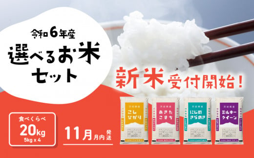 おまかせ 食べ比べ セット 20kg (5kg×4袋) 令和6年産 新米 コシヒカリ あきたこまち にじのきらめき ミルキークイーン 11月発送 先行予約 精米 白米 茨城県産 八千代町 米 人気 [SF024ya]