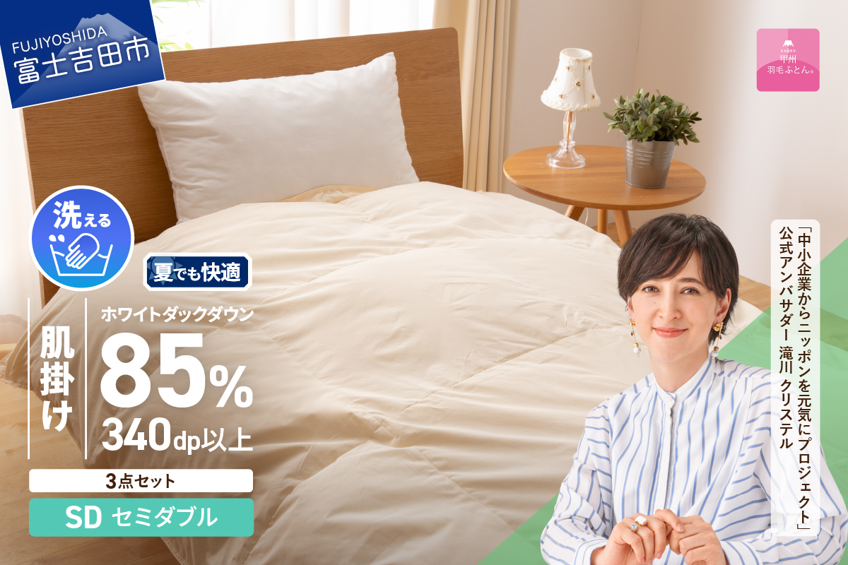 羽毛布団 セット 洗える羽毛肌掛けふとん３点セット（セミダブル）【抗菌・除菌・ウイルス除去カバー付き】 掛け布団