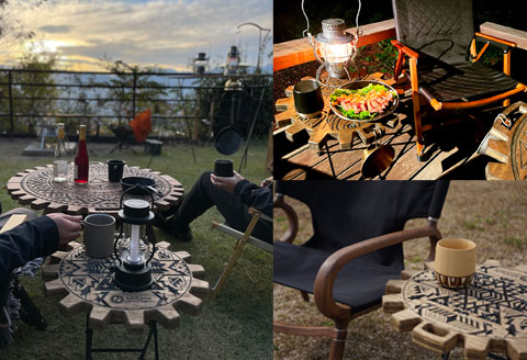 【ウォルナット】サイドテーブル　シグナム（1台）（幅 430mm×奥行 430mm×高さ 380mm）机 テーブル 彫刻 キャンプ 軽量 天然木【GGCrew】【93-2【1】】