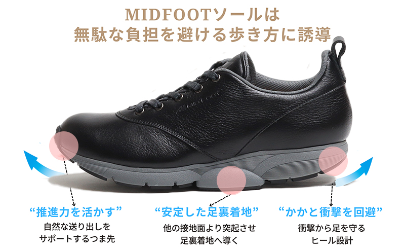 MIDFOOT ( ミッドフッド ) 紳士靴 レザースニーカー MF002JM 25.0cm( ブラック ) 4E　【 ファッション 靴 シューズ スニーカー メンズ 】 【 お洒落 レザーシューズ 