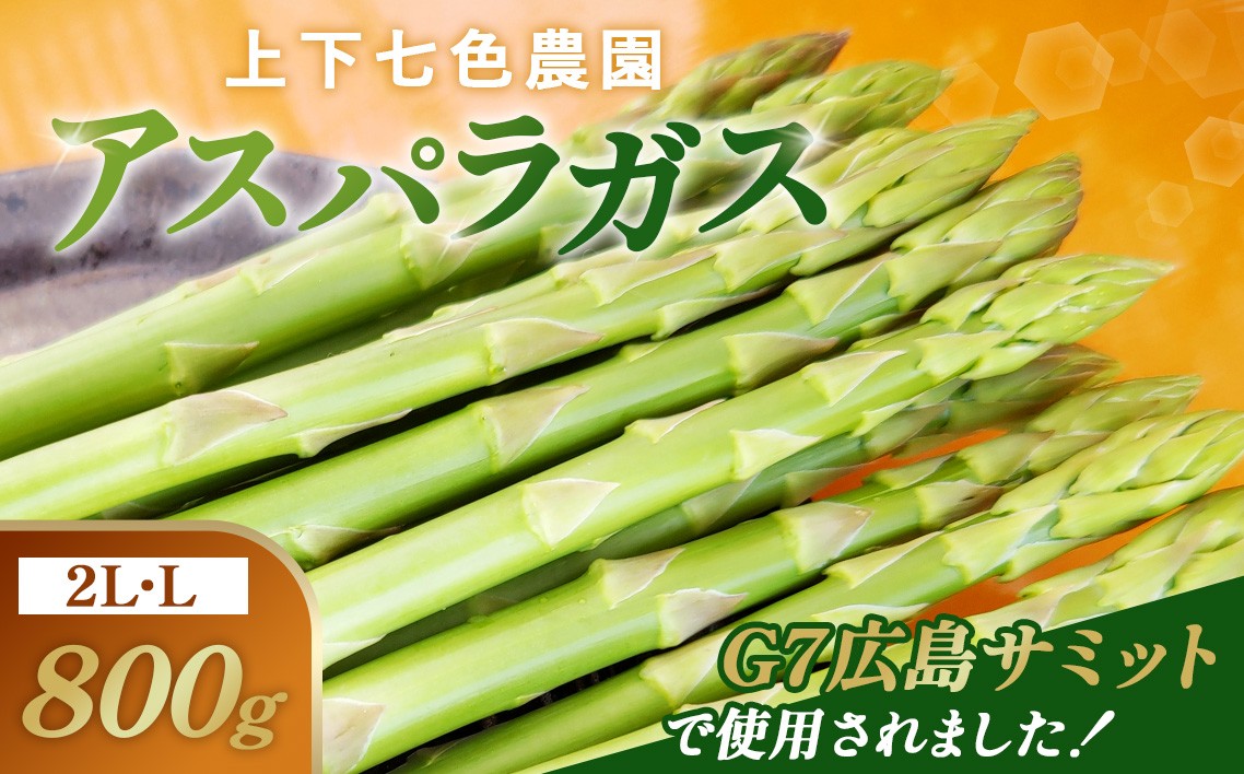 
                  上下七色農園 アスパラガス　2L・Lサイズ　ダンボール（800g） ／ アスパラガス グリーンアスパラ ギフト お中元 野菜ギフト 新鮮 みずみずしい 甘み やわらかい 国産 産地直送 サラダ BBQ 炒め物 朝採れ Lサイズ 2Lサイズ 家庭用 贈り物 春野菜 高級野菜 広島県 特産品 No.1091
                