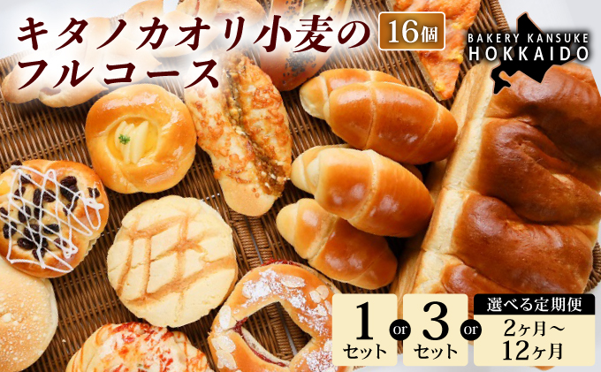 【定期便・全9回】【人気パンの福袋】『キタノカオリ小麦のフルコース』食パン1本・ロールパン5個・キタノカオリ小麦のおまかせパン10個(計16個) 1セット ×9回 ｜プレミアム小麦キタノカオリ100％ パン ぱん 食パン パン屋 自家製 朝食 おやつ 冷凍 北海道 岩見沢