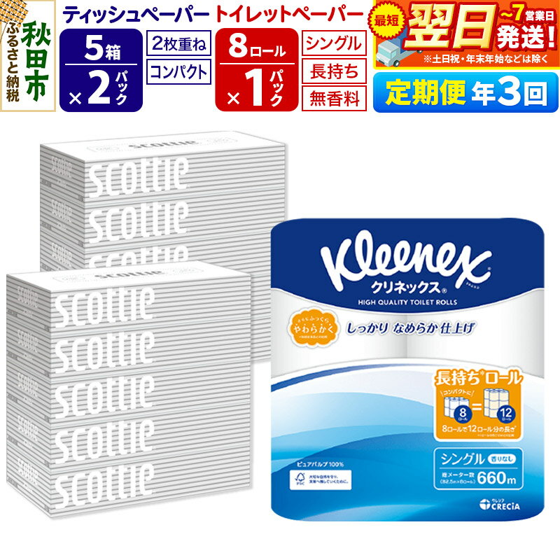 【ふるさと納税】《4ヶ月ごとに3回お届け》定期便 トイレットペーパー クリネックス シングル 長持ち 8ロール×1P ＆ ティッシュペーパー スコッティ10箱(5箱×2P) 秋田市オリジナル