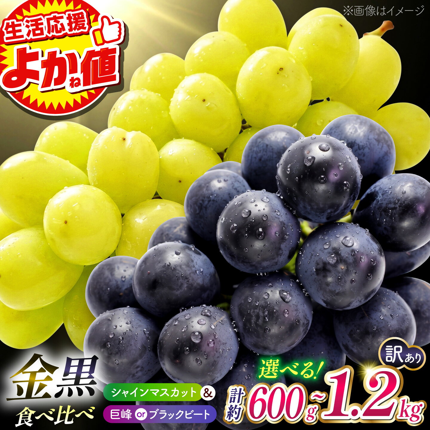 【ふるさと納税】＼生活応援よか値キャンペーン／【先行予約】〈選べる容量！〉 訳あり こば農園 種なし ぶどう 2種食べ比べセット 計約600g or 約1.2kg （ シャインマスカット & 巨峰 or ブラックビート）【合同会社 こば農園】 熊本 山鹿 フルーツ 果物 [ZFO004]