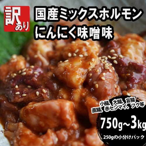 【 訳あり 】 国産牛 ミックスホルモン 750g 1kg / 2kg / 3kg 250g 小分け パック にんにく 味噌味 ミックス ホルモン 焼き 焼肉 味付 小分け 冷凍 味噌だれ 不揃い おつまみ 国産 牛 肉 京都府 舞鶴市 幸福亭