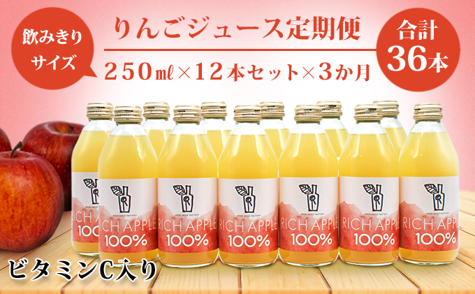 【りんごジュース定期便】RICH APPLE 12本セット×3か月（250ml×12本×3回）