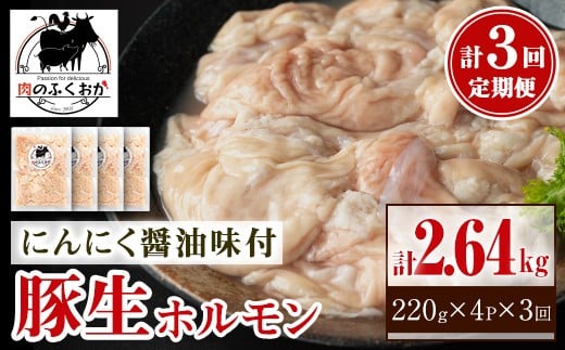A79015 ＜定期便・全3回＞豚生ホルモンにんにく醤油味付(計2.64kg・220g×4P×3回) 鹿児島 豚肉 ホルモン 生ホルモン にんにく 醤油 おかず 加工品 味付け おつまみ 小分け パック 冷凍 冷凍食品 お弁当【肉のふくおか】