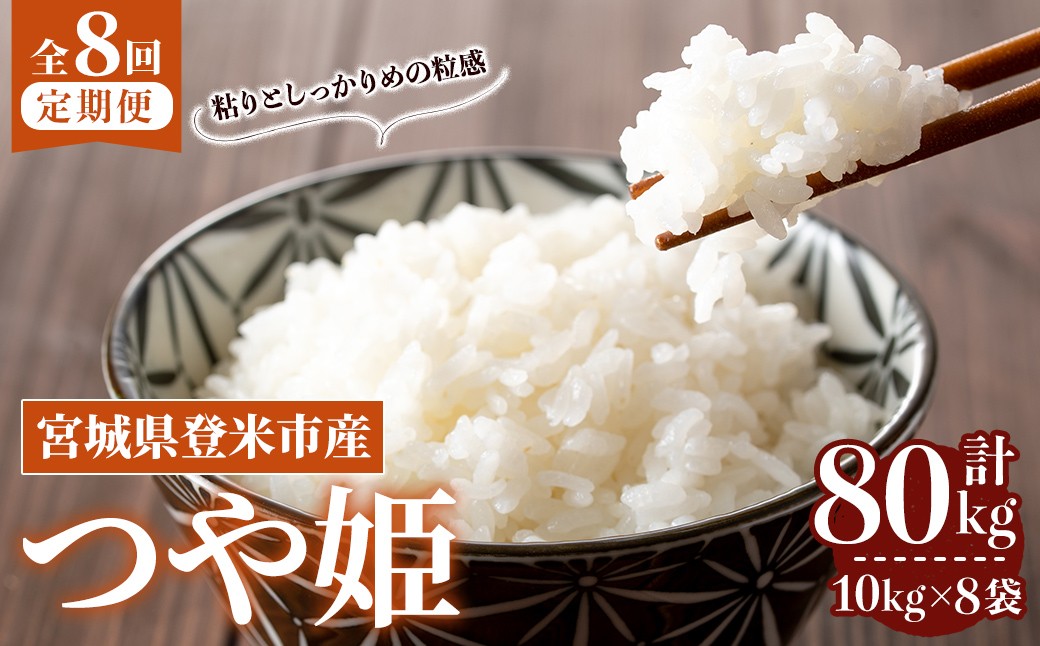 
                  ≪令和7年産≫【8回定期便】つや姫 計80kg(10kg×8回配送) 登米市産 お米 おこめ 米 コメ 白米 ご飯 ごはん おにぎり お弁当 8か月 頒布会【登米ライスサービス株式会社】tm485
                