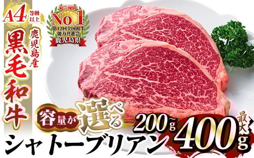 
            ＜選べる容量＞A4等級 以上 鹿児島産黒毛和牛・シャトーブリアン(計200g～最大400g)【財宝】国産 牛肉 希少部位 フィレ ステーキ a269 a326 a271
          