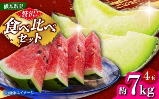 【先行予約】 小玉スイカ&肥後グリーンメロンの食べ比べ 各2玉（計4玉 約7kg） すいか 小玉 メロン グリーンメロン 熊本 フルーツ 野菜 果物 【日本フルーツ株式会社】 [ZFJ041]