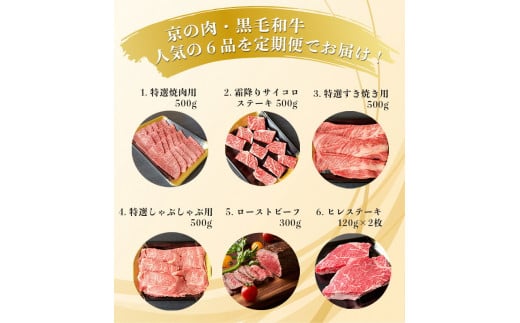 訳あり 京都府産黒毛和牛(A4・A5)人気部位 6回定期便【焼肉・すき焼き・ステーキ2種・しゃぶしゃぶ・ローストビーフ 計2.54kg】京の肉 ひら山 味わいづくし≪定期便 和牛 牛肉 国産 京都 丹