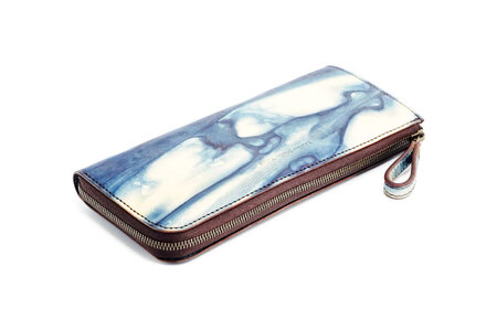 Ｌ字ファスナー財布「リセス」　薄藍　瀬戸内の空　天然藍染め・福山レザー　自社一貫製造 広島県福山市/株式会社サード　L字 長財布 財布 ウォレット カードポケット 経年変化 手染め　手擦り 天然藍染め