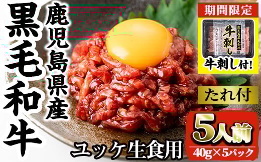 
            i907 ＜選べる発送月＞鹿児島県産黒毛和牛ユッケ5人前(40g×5P・計200g)  肉 牛肉 黒毛和牛 国産 鹿児島県産 ユッケ 生食 旨み 選べる 発送月 選択 牛刺し 牛サシ 期間限定 【カミチク】
          