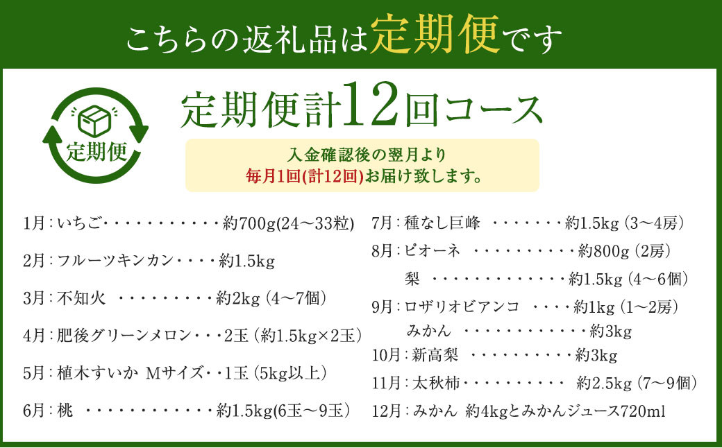 熊本フルーツ 定期便12回 フルーツ 果物 メロン すいか 不知火 ギフト いちご きんかん 巨峰 みかん 大秋柿 贈答