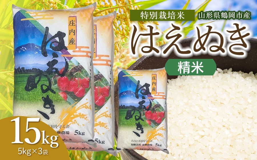 
                  【令和8年産 新米】 斎藤農場の特別栽培米 はえぬき 精米 15kg（5kg×3袋） 山形県鶴岡市 [K-8111]  | 15キロ 米どころ 庄内米 ブランド米 米 コメ こめ 精米 ご飯 ごはん 美味しい お取り寄せ 農家直送 東北 山形 鶴岡市 国産 おすすめ 人気 返礼品
                