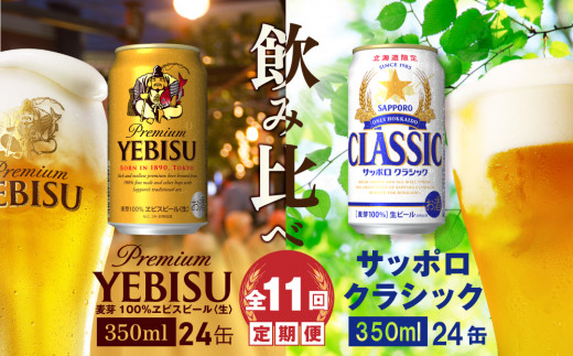 
【ビール飲み比べ定期便：全11回】サッポロクラシックとヱビスビール各350ml×24本【300113】
