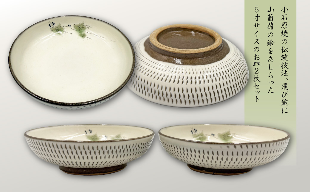 FK5 【要窯】飛び鉋絵付浅皿2枚セット　山葡萄