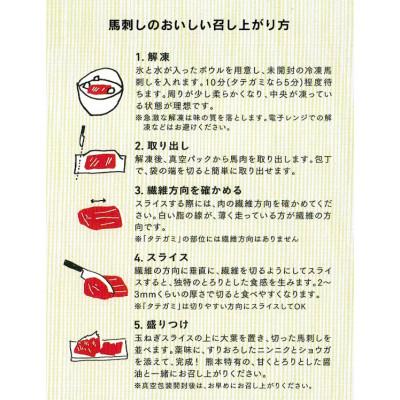 ふるさと納税 宇城市 【国産馬刺し】熊本直送　上霜降り(トロ)210g+ユッケ100gセット(宇城市) |  | 02
