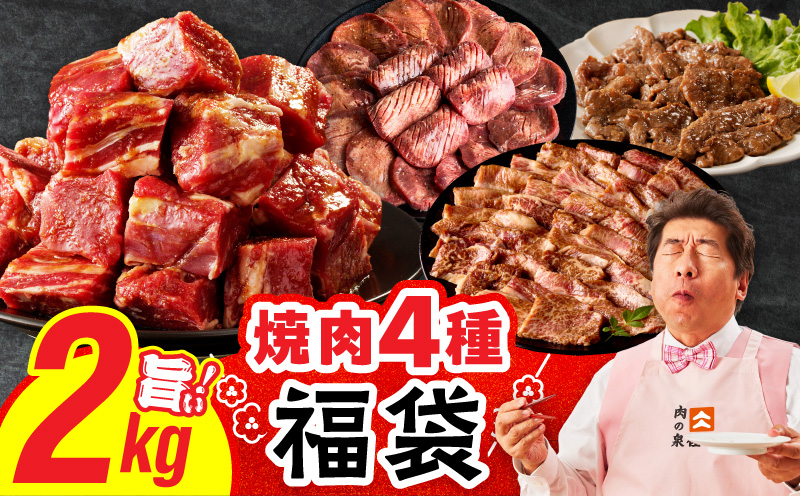 焼肉 福袋 4種 2kg【氷温熟成×特製ダレ 500g 小分け 牛肉 牛タン ヒレ ハラミ バラ 数量限定 大阪 泉佐野 大阪府 泉佐野市】