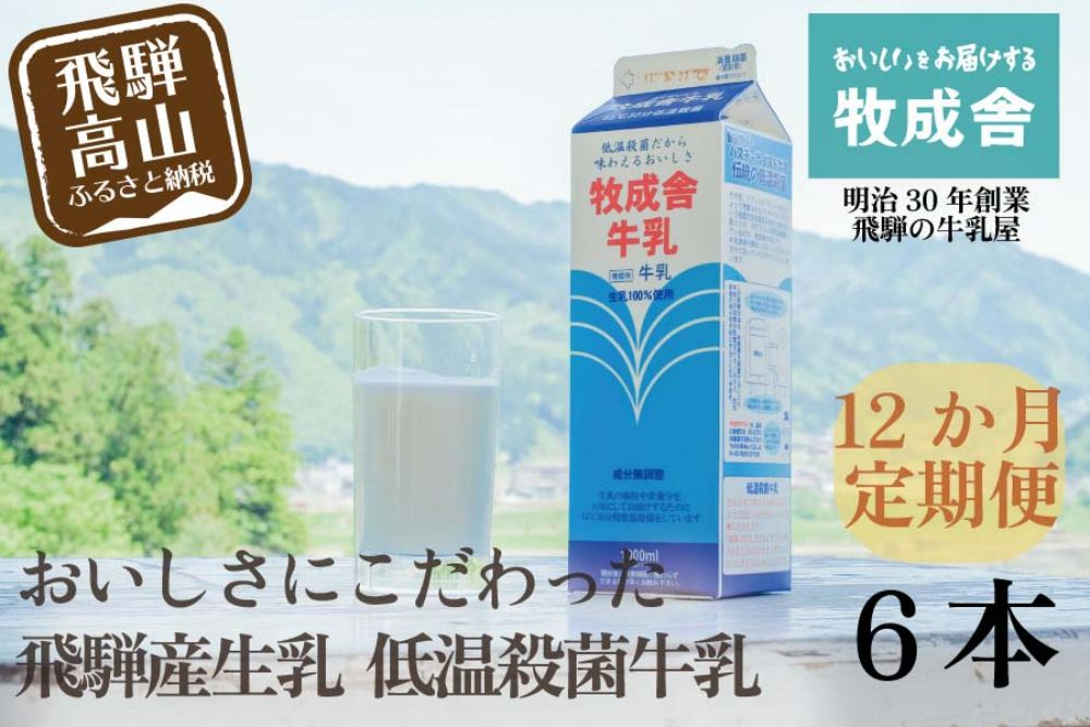 定期便 牛乳 (6本 × 12か月 ) 飛騨産生乳100％  牧成舎 美味しい低温殺菌牛乳6本 全 12回  乳製品 飛騨   DF107