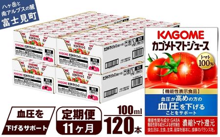 【定期便 11ヶ月】カゴメトマトジュース 食塩無添加 100ml 120本 【 トマトジュース 】
