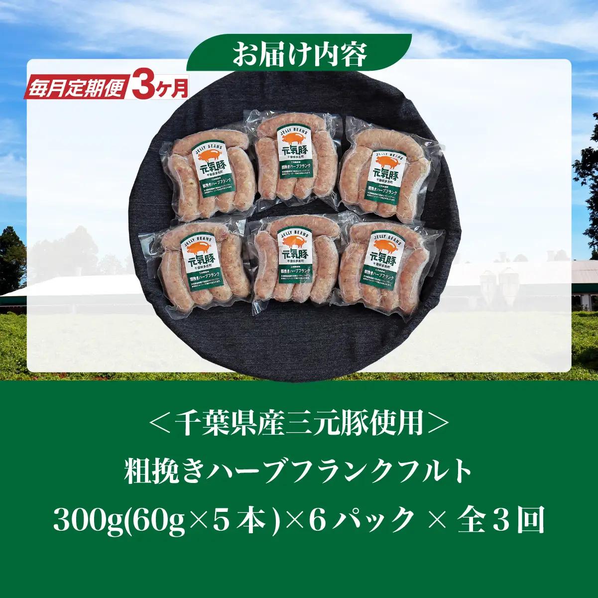 【毎月定期便】元気豚 粗挽きハーブフランクフルト 30本セット 1.8kg(60g×30本)全3回_肉 ソーセージ・ウインナー 豚肉   定期便 定期便  _【配送不可地域：離島・沖縄県】 TAKB0