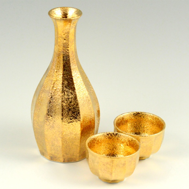 金彩面取 半酒器セット(1合徳利 1個 / ぐい呑 2個) 【三光堂】金 酒器 日本酒 冷酒 熱燗 プレゼント ギフト A60-116